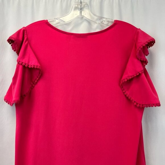 Susan Graver Womens Blouse Fuchsia Cap Sleeve Flutter V Neck Stretch Lace Trim M - Picture 2 of 10